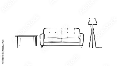 Minimalist living room design with sofa, table, and floor lamp in linear style