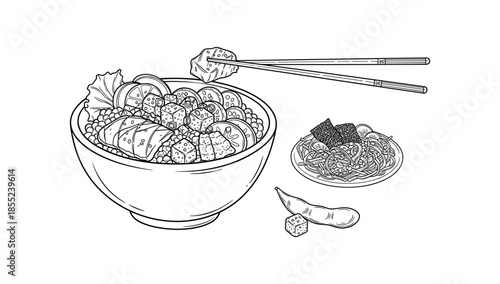 Line art poke bowl with sushi, seaweed, and edamame