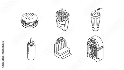 Retro diner icons: burger, fries, milkshake, ketchup, booth, and jukebox in isometric style