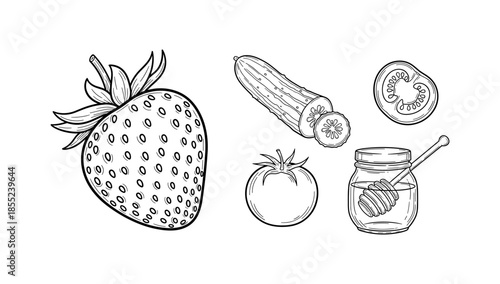 Black and white outlined fruits and vegetables with honey jar