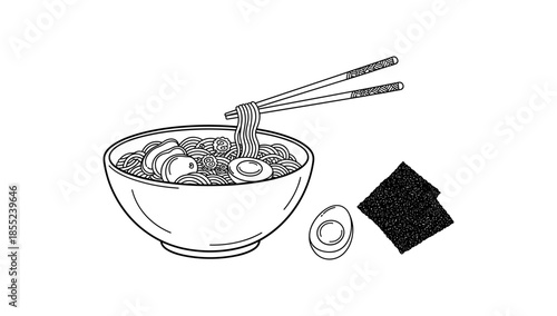 Black and white ramen bowl with chopsticks and nori