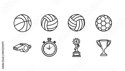 Black and white sports icons set with balls, whistle, stopwatch, and trophy