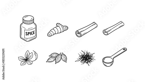 Hand drawn spice collection featuring cinnamon, turmeric, saffron, and vanilla elements