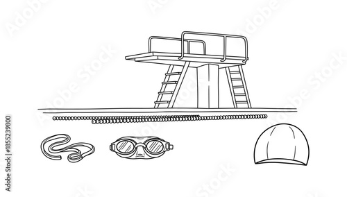 Linear poolside essentials with diving platform and swimming gear