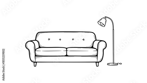 Hand-drawn sofa and floor lamp with minimalist design on white background