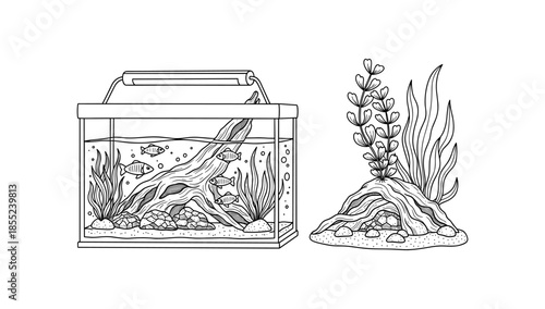 Minimalist aquarium with fish and plants in monochrome line art