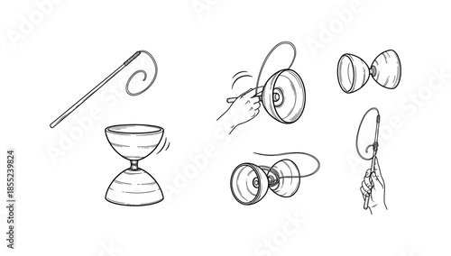 Diabolo tricks: hand grip and playing techniques in outline style