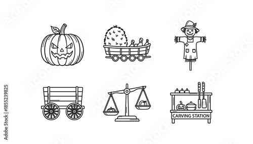 Halloween and harvest symbols in linear design featuring pumpkin and scarecrow