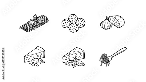 Hand-drawn italian cuisine icons featuring pasta, cheese, and herbs