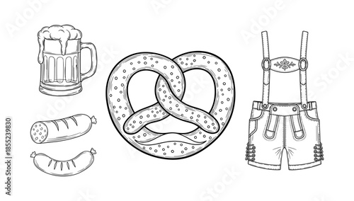 Traditional german oktoberfest elements: pretzel, beer mug, lederhosen, sausages in black and white