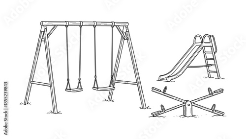 Playground equipment sketch with swing, slide, and seesaw in black and white line art