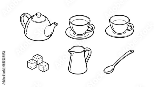 Hand drawn tea set with teapot, cups, and accessories