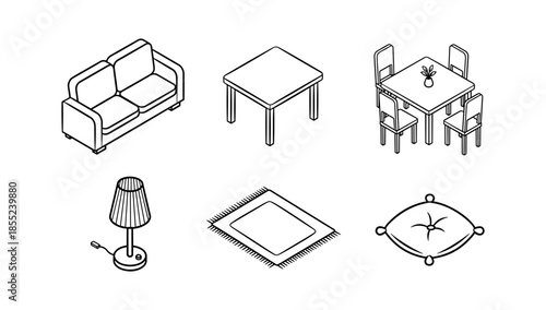 Minimalist isometric furniture set: sofa, table, dining, lamp, rug, pillow