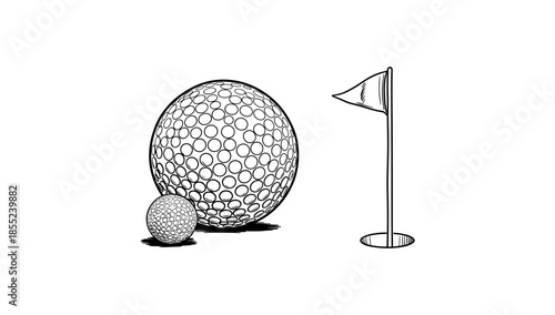 Golf ball and flagpole in detailed black and white sketch style