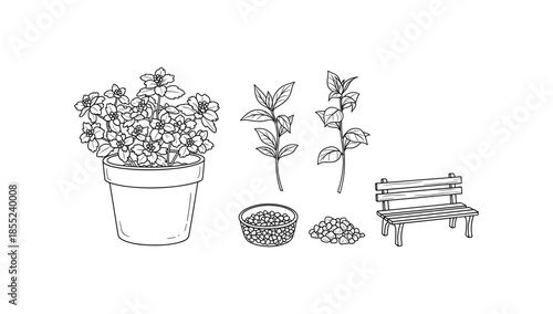 Garden elements collection: potted flowers, plants, and bench sketches