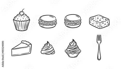 Monochrome desserts and fork: cupcake, macarons, cheesecake, cream swirl