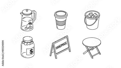 Hand drawn kitchen and market items sketch collection in black and white