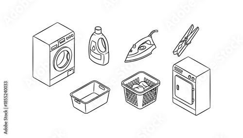 Household laundry appliance line art collection for home chores