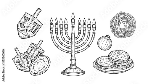 Hand drawn hanukkah symbols: menorah, dreidels, and traditional foods in detail