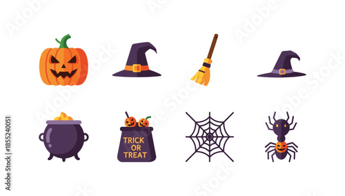 Fun halloween icons collection featuring pumpkins, witch hats, and spooky elements in flat style