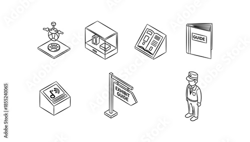 Isometric museum guide icons: interactive exhibits, signs, and personnel in black and white outline