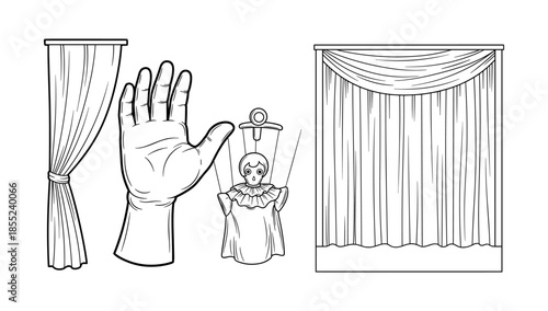 Monochrome puppet theater scene with curtains and hand in linear art style