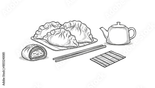 Hand drawn asian cuisine with dumplings and tea set