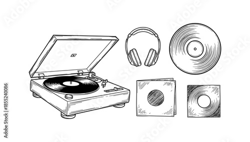Retro music set: vintage record player, headphones, and vinyl records in sketch style