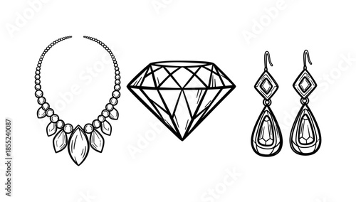 Elegant jewelry set with detailed gemstone and accessories in black and white