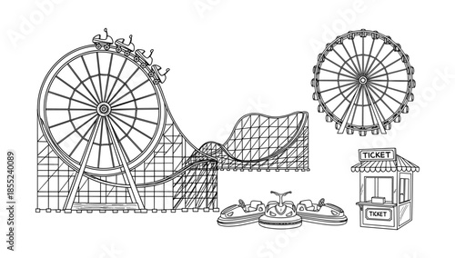Amusement park rides: roller coaster, ferris wheel, and bumper cars in line art