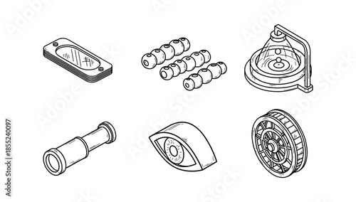 Hand drawn mechanical parts collection: gears, bearings, eyepiece, and more