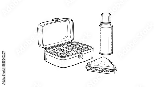Lunchbox and thermos line art with sandwich