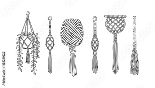 Decorative macrame wall hanging collection in monochrome linear style