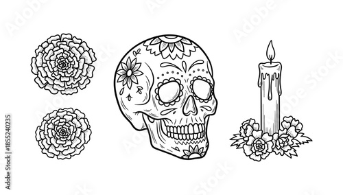 Dia de los muertos skull with flowers and candle line art