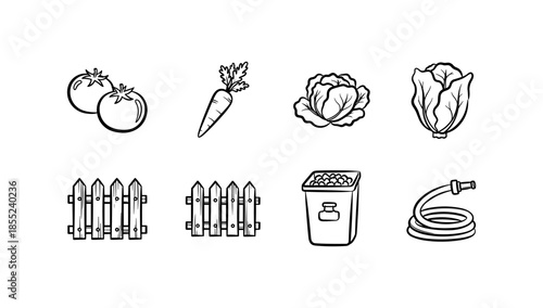 Gardening essentials: vegetables and tools icon set in black and white