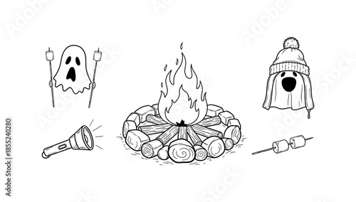 Camping fun: ghost mascot, campfire, marshmallows, and flashlight
