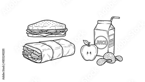 Hand drawn lunch items featuring sandwich, wrap, apple, juice, and chips