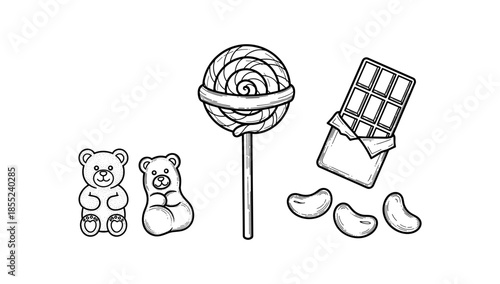 Line art candy set: chocolate, lollipop, gummy bears, and jelly beans