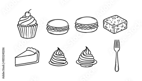 Delightful desserts collection: cupcakes, macarons, cheese, and more in hand drawn style