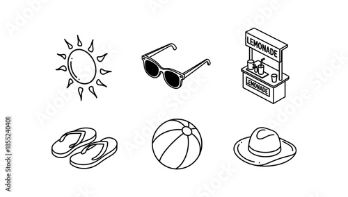 Summer essentials: sun, shades, flip flops, beach ball, hat, lemonade stand line art