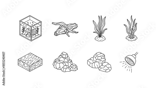 Aquarium essentials collection: rocks, plants, and light in linear art