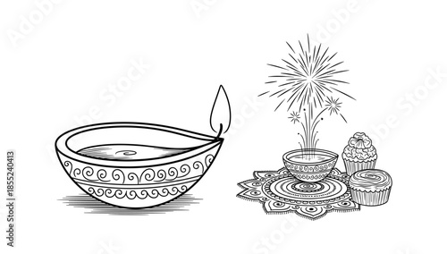 Festive diwali celebration with traditional diya, fireworks, and sweets