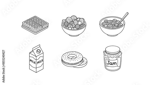 Hand drawn breakfast icons: waffles, fruit bowls, milk carton, bagels, jam