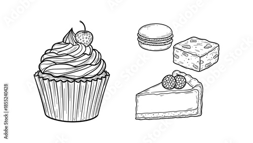 Hand drawn desserts: cupcake, cheesecake, macaron, and fudge delights