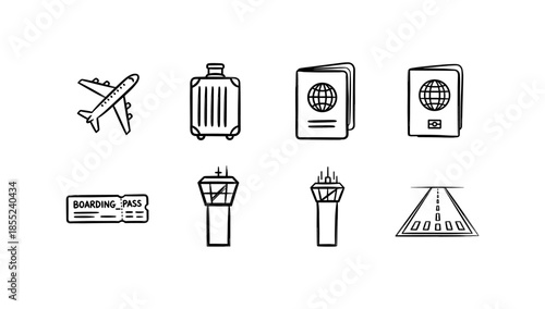 Minimalist travel icons: airplane, luggage, passport, boarding pass, control tower, runway