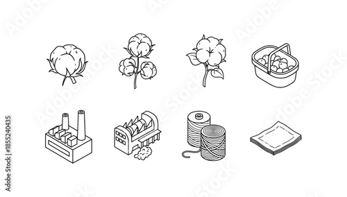 Cotton production icons: harvest to textile in black and white line art