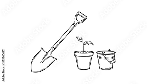 Gardening tools and seedling in pot with bucket line art