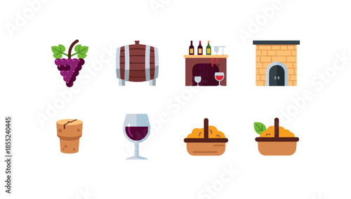 Wine production icons: grapes, barrel, cork, glass, vineyard elements