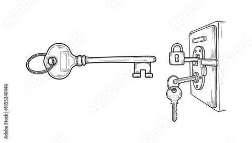 Vintage key and lock sketch: detailed hand-drawn illustration for security and access concepts