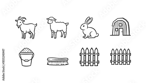 Farm animal and object icon set: goat, sheep, rabbit, barn